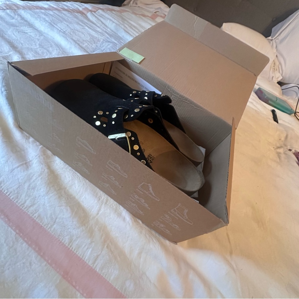 New never worn Birkenstock Black Mules with Gold Rivets - Picture 6 of 7